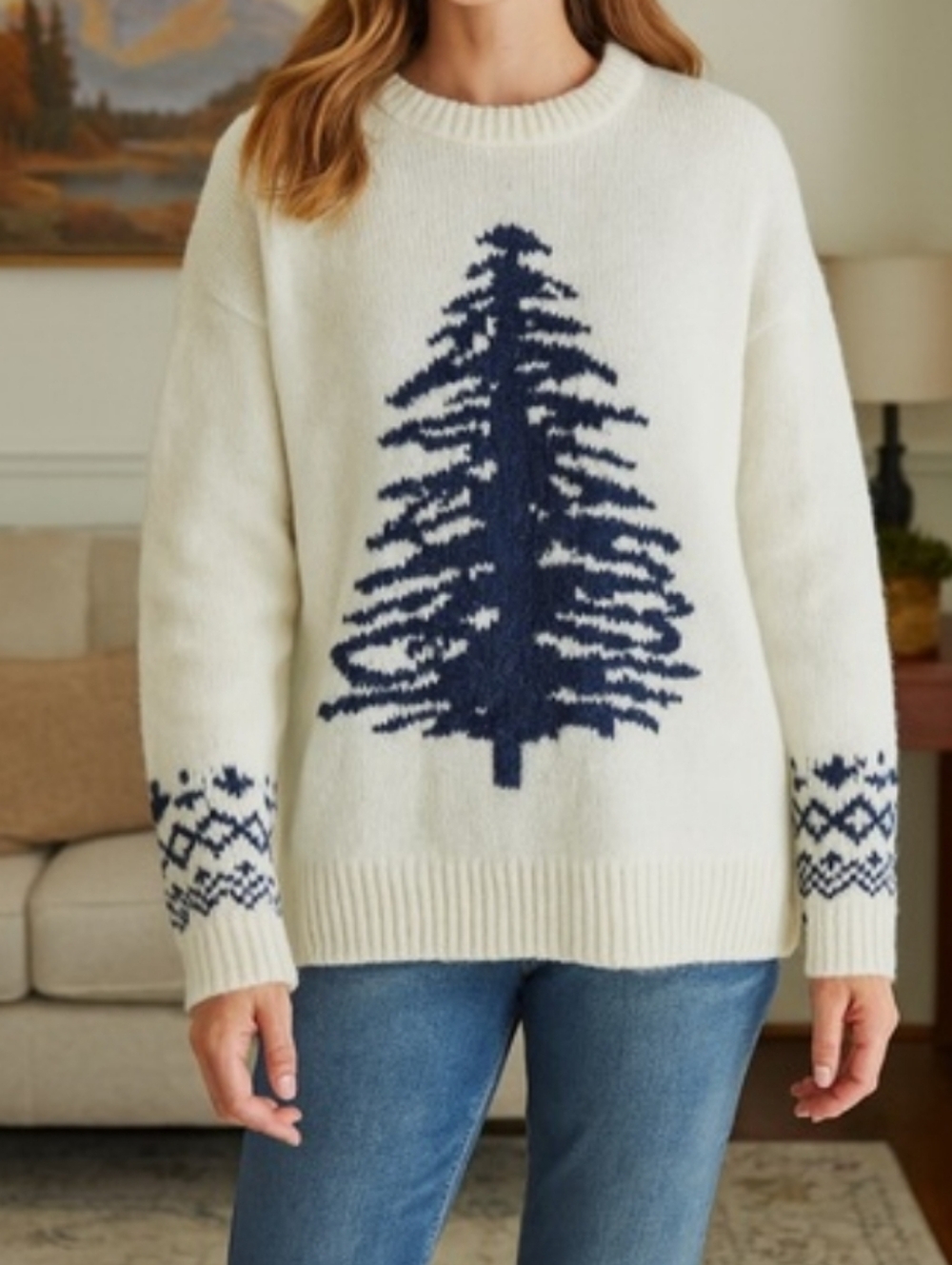 Sundance Cream and Navy Pine Tree Sweater S